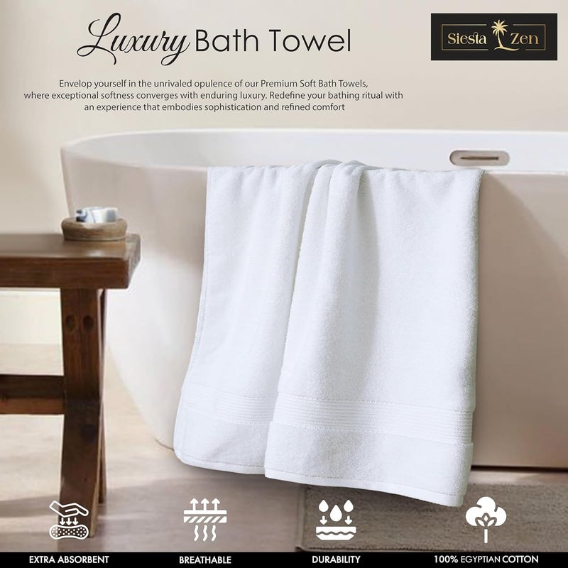 Siesta Zen Premium 100% Egyptian Cotton Bath Towels - Pack of 2, 70x140cm, Super Soft & Absorbent, 600 GSM, Quick Dry, Fade Resistant (White) - Image 4